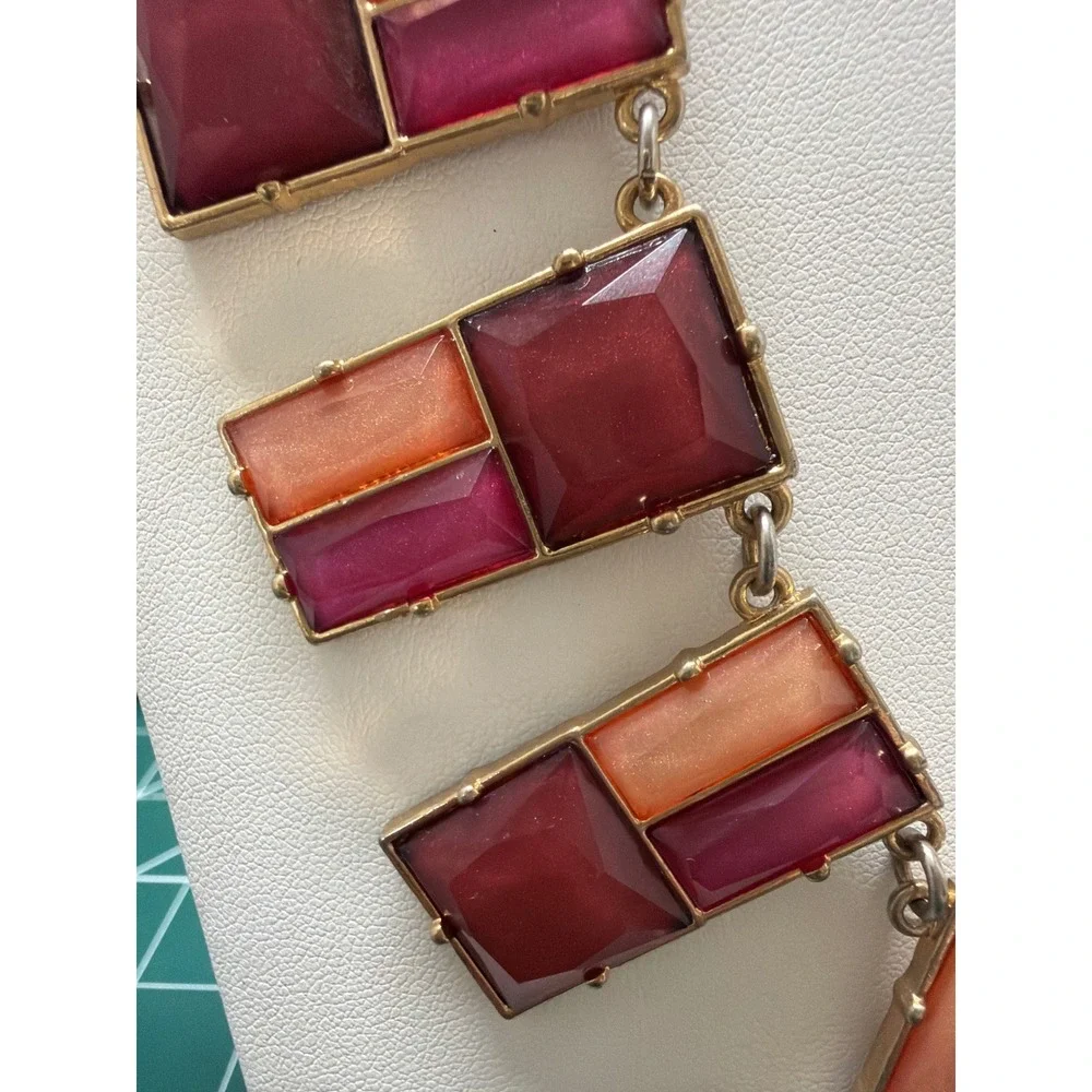 Geometric Resin Bib Statement Necklace Gold Tone Burgundy Magenta Peach Pink